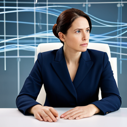 Home 6 A thoughtful professional woman in her 30s, dressed in a modest business suit, sitting contemplatively at a clean, modern desk. The background features a subtle, abstract digital network or flowing data streams, hinting at unseen technological presence. The lighting is soft and analytical, emphasizing deep thought. The focus is on her composed expression of quiet concern. safe for work, appropriate content, fully clothed, professional dress, perfect anatomy, correct proportions, natural pose, well-formed hands, proper finger count, natural body proportions, modest clothing, family-friendly, high-resolution, professional studio photography.